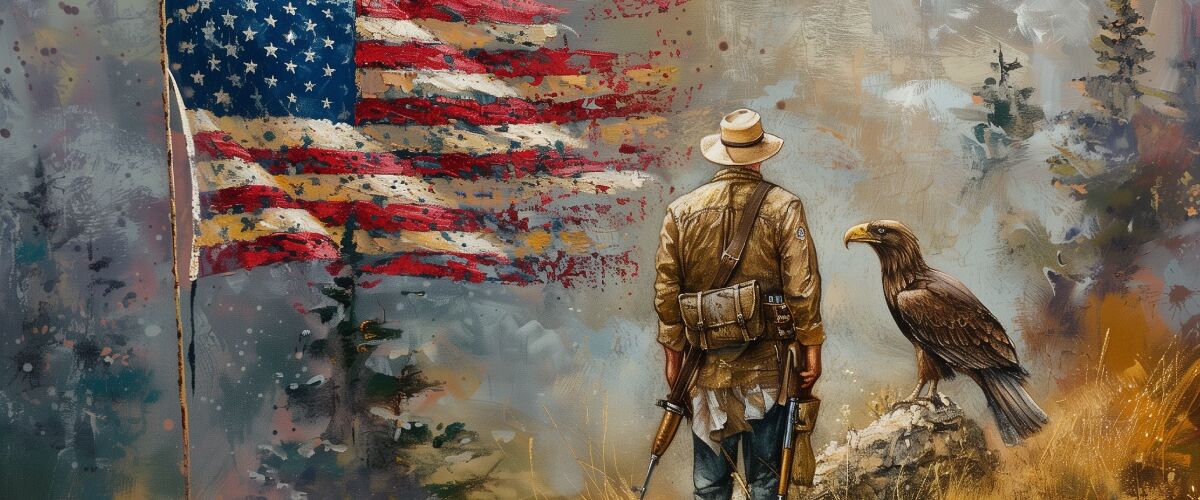 Concept art of an article about Old Glory Bank: hunter in a forest with an American flag and an eagle next to him (AI Art)