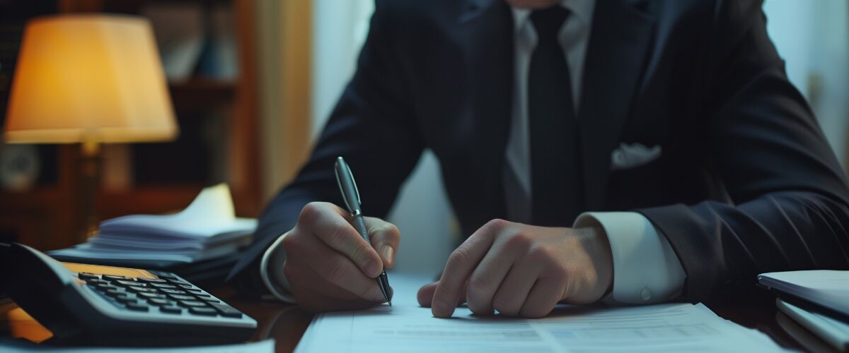 Concept art of an article about IRS Form 8858: man in suit sitting at a desk filling out paperwork (AI Art)