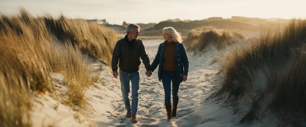 Concept art of an article about Benefits of Dual Citizenship for Americans: couple holding hands walking on a beach (AI Art)