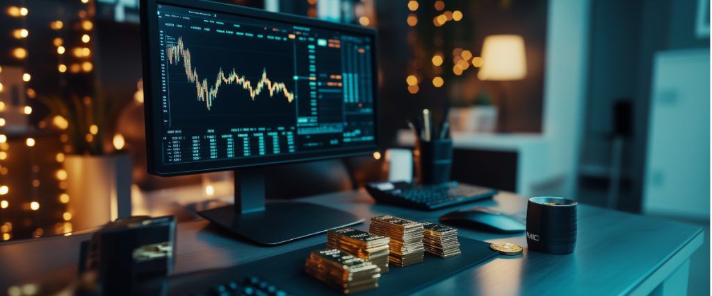 • Concept art of an article about Asset Diversification: computer screen with stock market chart, gold bars and crypto coin (AI Art)