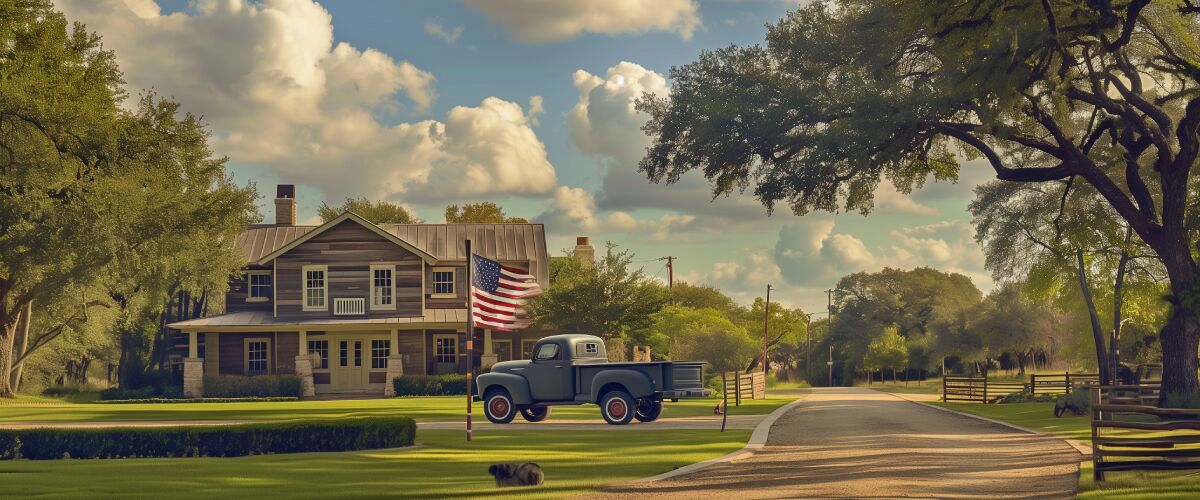 Concept art of an article about Asset Protection Strategies for the Average American: beautiful house in Texas with American flag and pick up truck in front (AI Art)