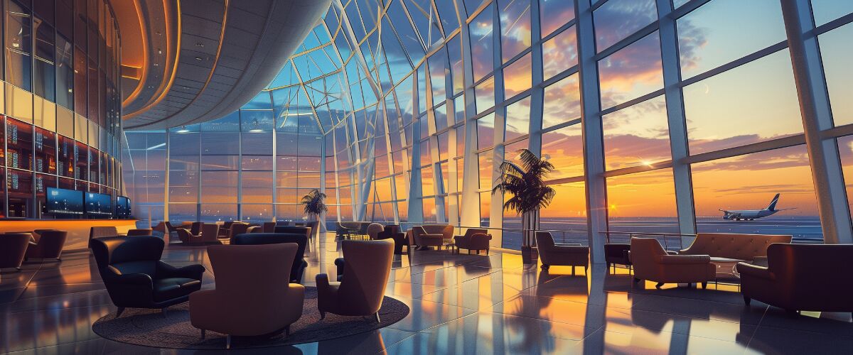 Concept art of an article about Diplomatic Passport: beautiful airport lounge with huge windows (AI Art)