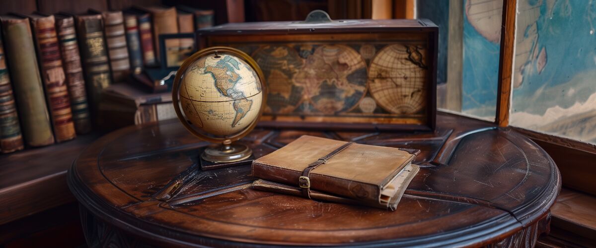 Concept art of an article about Expatriation Examples: What It's Really Like to Expatriate from the USA: wooden desk with a journal and globe (AI Art)