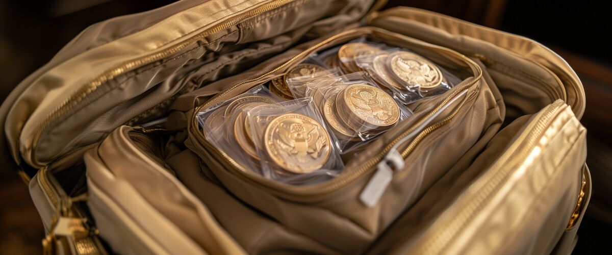 Concept art of an article about Traveling With Gold Coins: travel bag with one-ounce gold coins inside (AI Art)