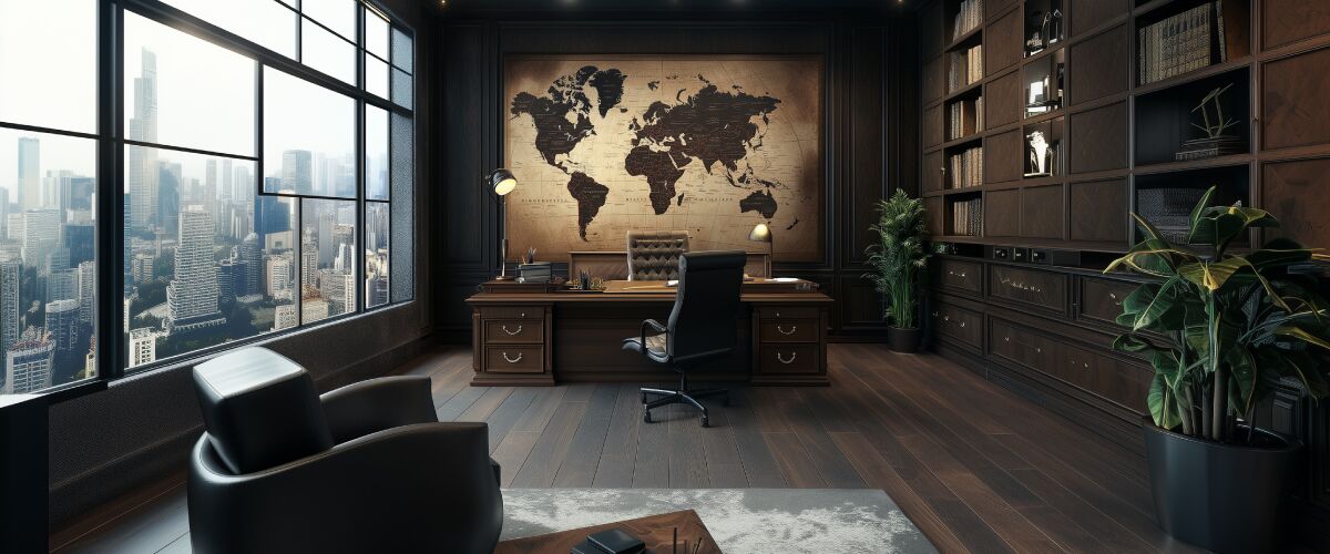 Concept art of an article about Offshore Investing Media Myths: office with dark wooden furniture and world map artwork on the wall (AI Art)