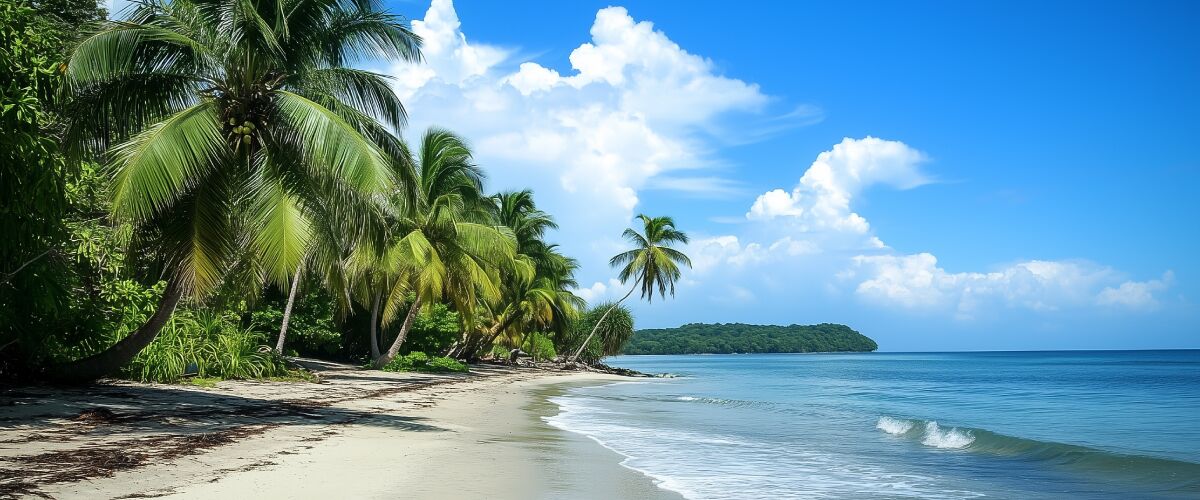 Concept art of an article about Legitimate Offshore Investments: beautiful, sandy beach with palm trees (AI Art)