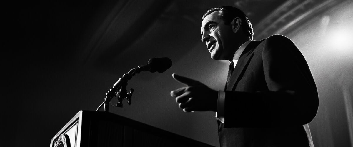 Concept art of an article about Richard Nixon Keynesian Economics: Richard Nixon giving a speech (AI Art)