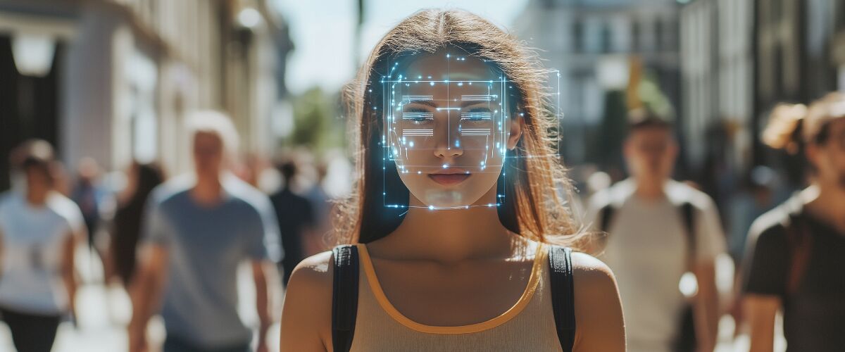 Concept art of an article about Facial Recognition Privacy: How to Protect Your Identity: young woman walking in a public space, analyzed by facial recognition software with digital overlays (AI Art)