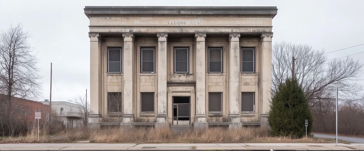 Concept art of an article about the Financial Banking Crisis 2023: abandoned American bank building (AI Art)