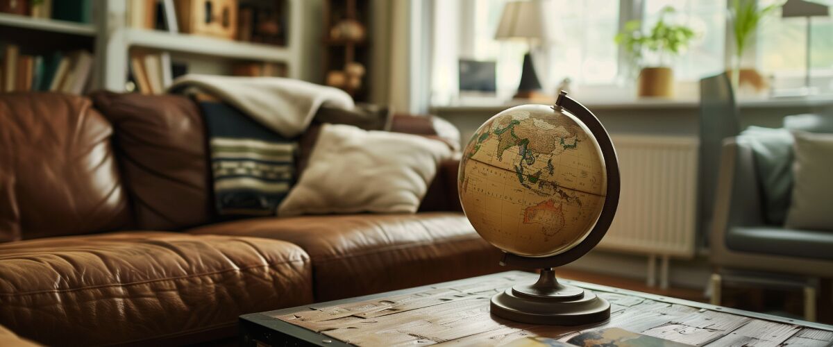 Concept art of an article about the Importance of Second Citizenship: globe on living room table (AI Art)