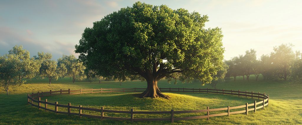 Concept art of an article about Charitable Remainder Trust: sturdy oak tree surrounded by a protective fence, symbolizing stability, security, and thoughtful planning (AI Art)