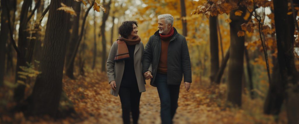 Concept art of an article about How to Avoid Probate: couple holding hands, walking through colorful autumn forest (AI Art)