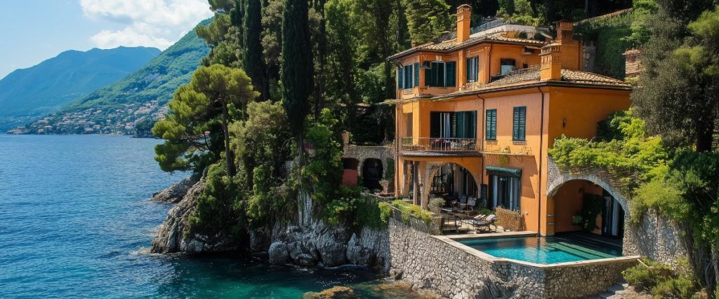 Concept art of an article about Italy Investment Visa for Americans: Italian villa with pool and lake view (AI Art)