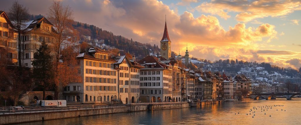 Concept art of an article about Lump Sum Taxation Switzerland: lightly snow-covered Zurich skyline (AI Art)