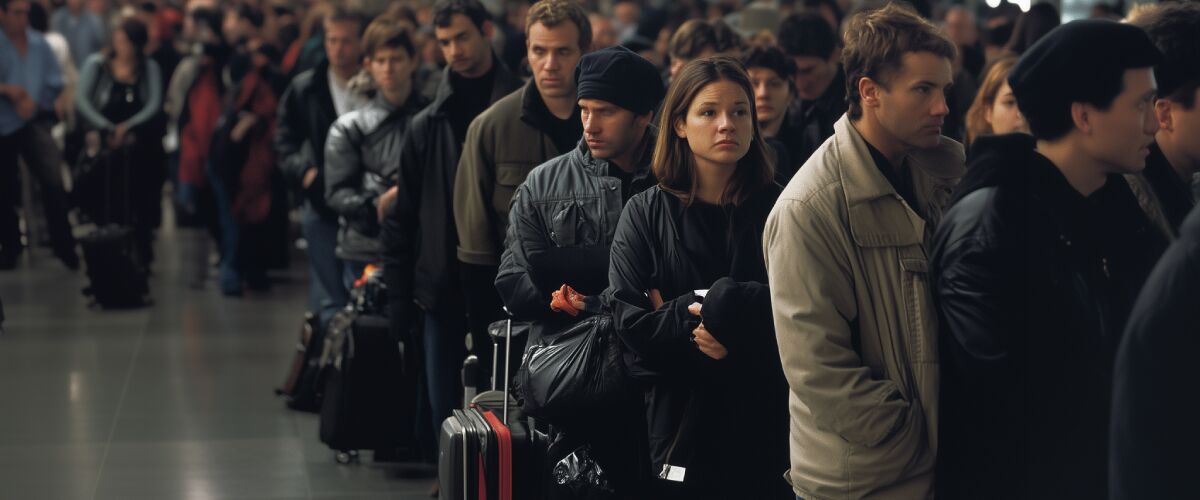 Concept art of an article about TSA Security Theater: long lines of passengers at airport security checkpoint (AI Art)