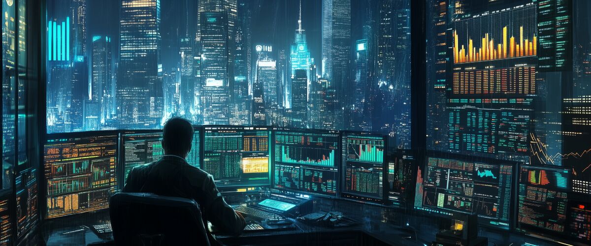 Concept art of an article about 2018 Stock Market Crash: businessman analyzing stock market charts on screens in an office with a city skyline behind (AI Art)