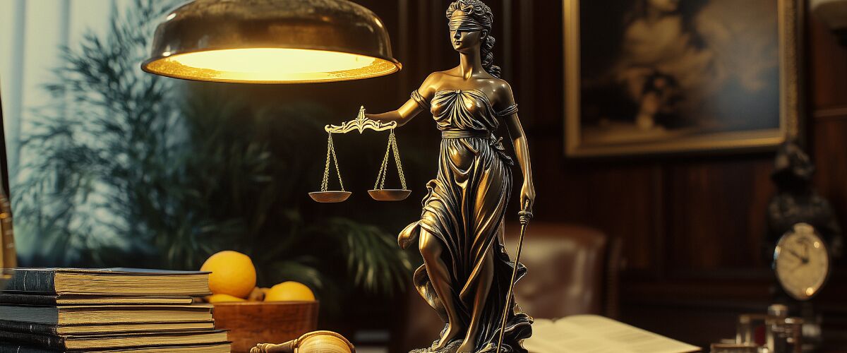 Concept art of an article about Wells Fargo Scandal 2019: Lady Justice statue on a lawyer's desk (AI Art)