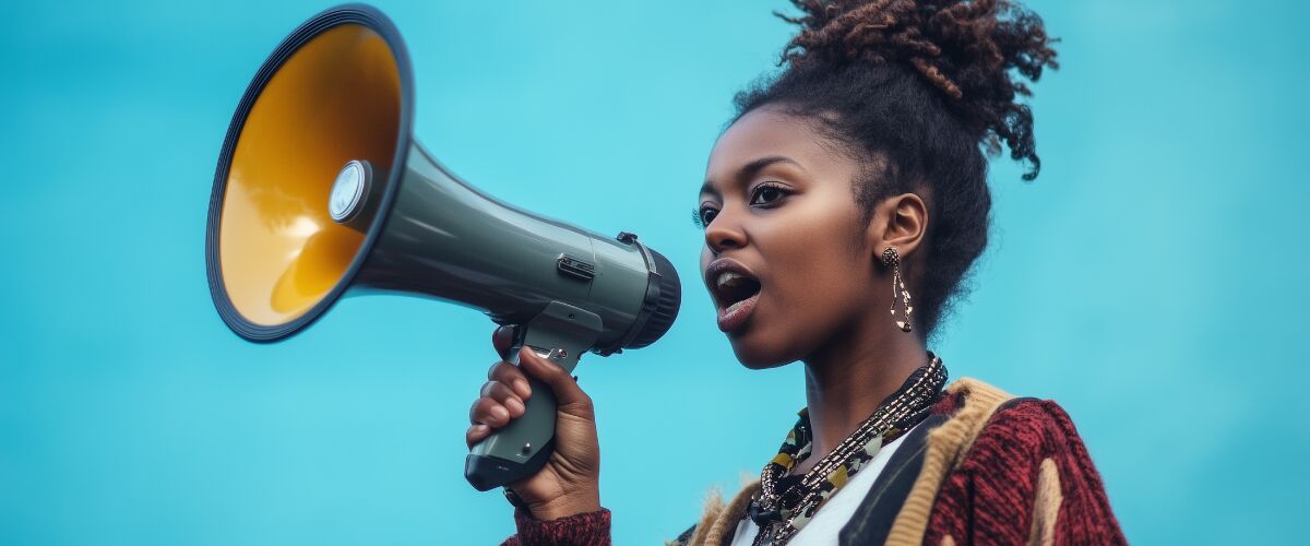 Concept art of an article about Online Censorship: The Slippery Slope for Free Speech: woman with a megaphone, symbolizing free speech (AI Art)