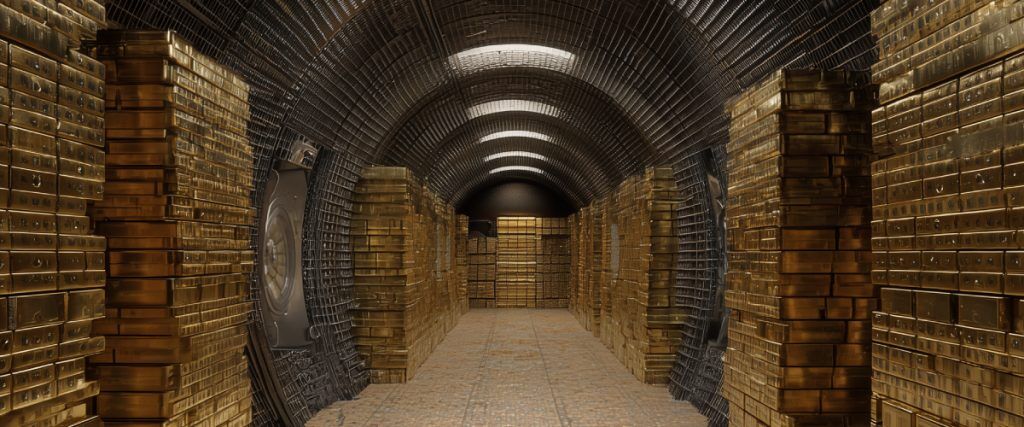 Concept art of an article about BRICS De-Dollarization and What It Means for Gold: Vault with stacked gold bars (AI Art)