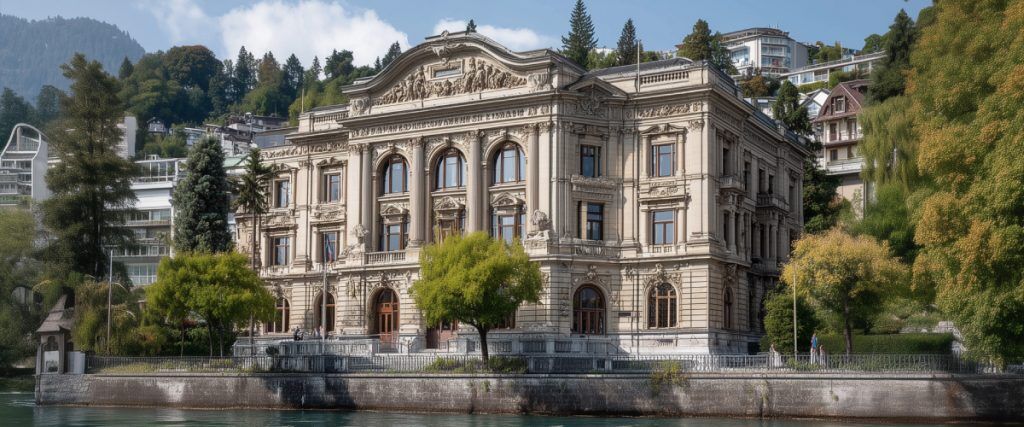 Concept art of an article about Wealth Preservation Strategies in the Face of US Capital Flight: Swiss bank building with classical architecture, symbolizing financial stability (AI Art)