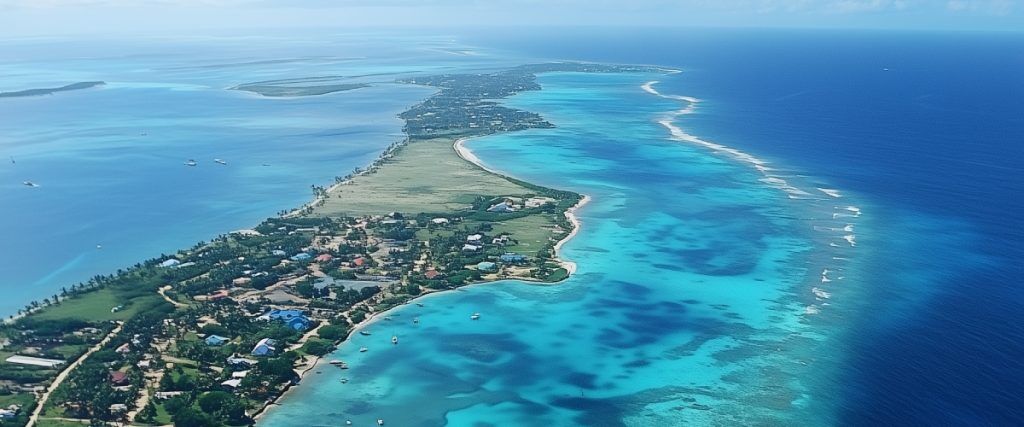 Concept art of an article about Cayman Islands Residency: Aerial view of Cayman Islands with blue water (AI Art)